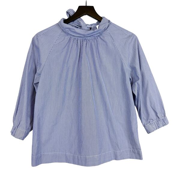 J.Crew Thomas Mason Bow Mock Neck Stripe 3/4 Sleeve Shirt Blue - 2 - Picture 1 of 9